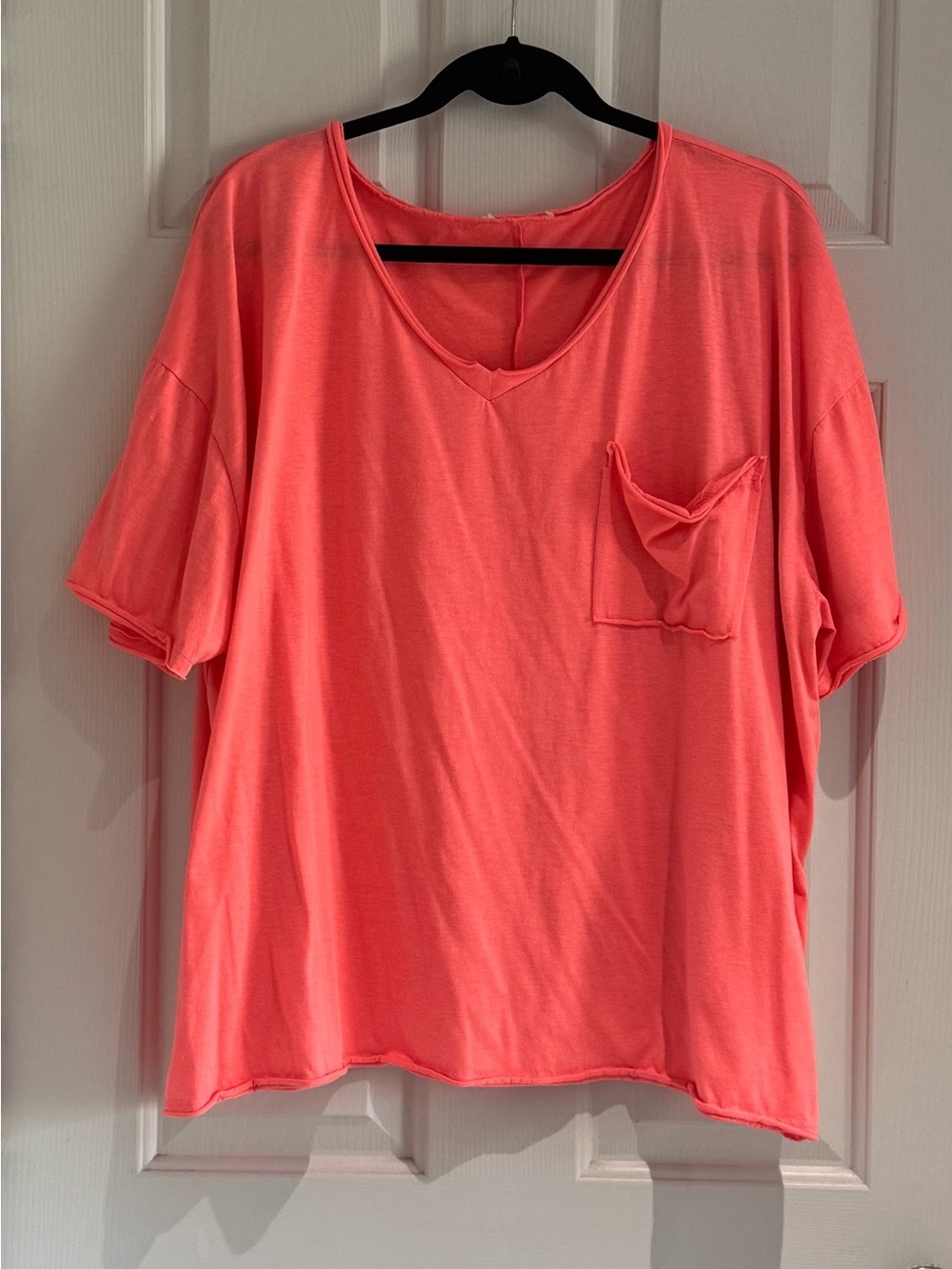 Relaxed V-Neck Pocket Tee in Coral Oversized!